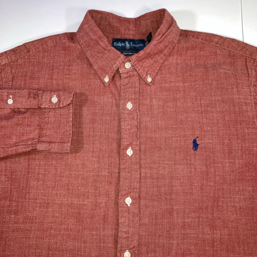 Polo Ralph Lauren Shirt Mens XL Red Slub Cotton Custom Fit Flesh Pony Linen Like